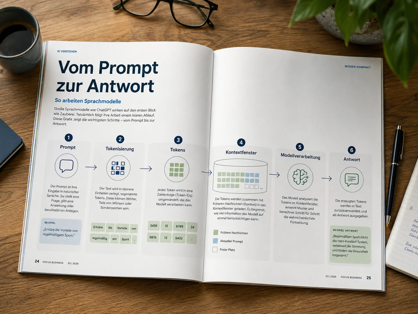 Ablaufgrafik in fünf Schritten: Prompt, Zerlegung in Token, Verarbeitung im Kontextfenster, Berechnung der Wahrscheinlichkeiten und fertige Antwort.