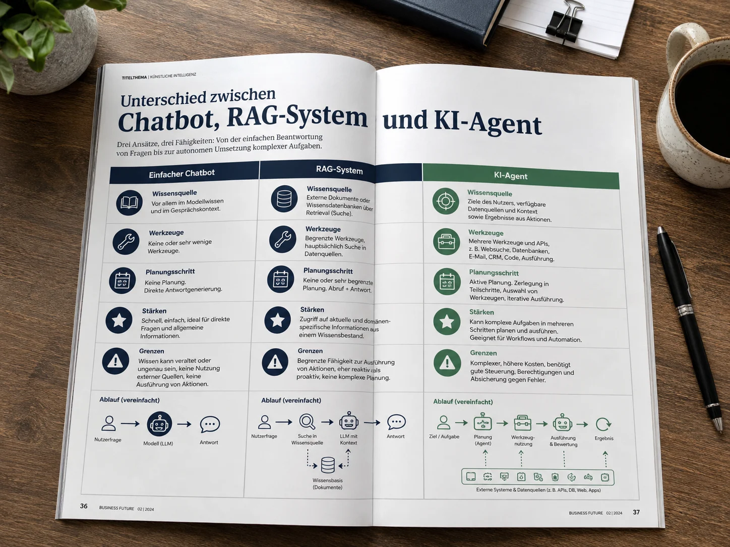 Dreispaltiger Vergleich von Chatbot, RAG-System und KI-Agent mit ihren jeweiligen Bausteinen wie eigener Wissensquelle, Werkzeugzugriff und Mehrschrittplanung.