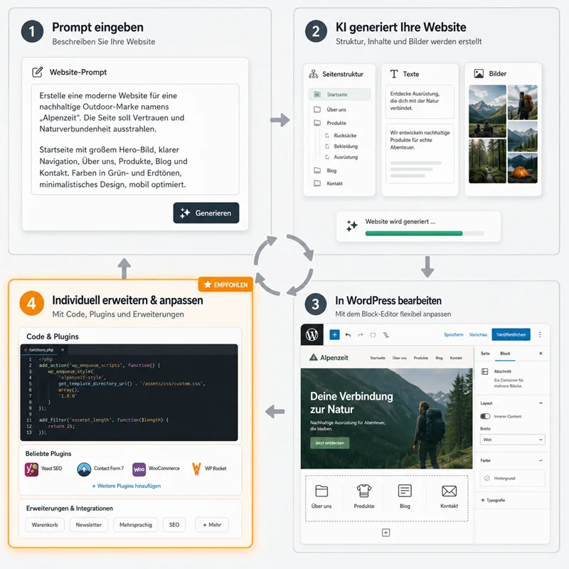 Ablauf von der Prompt-Eingabe über die KI-Generierung bis zur individuellen WordPress-Erweiterung
