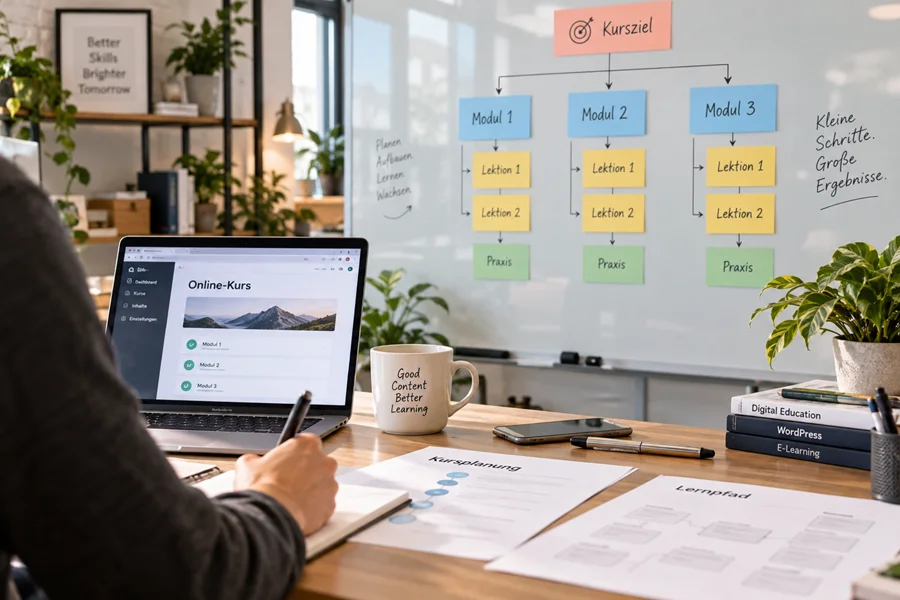 Planung eines Onlinekurses mit Modulen, Lektionen und praktischen Übungen