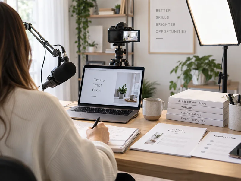 Aufnahmeplatz für Onlinekurse mit Kamera, Mikrofon, Beleuchtung und Laptop