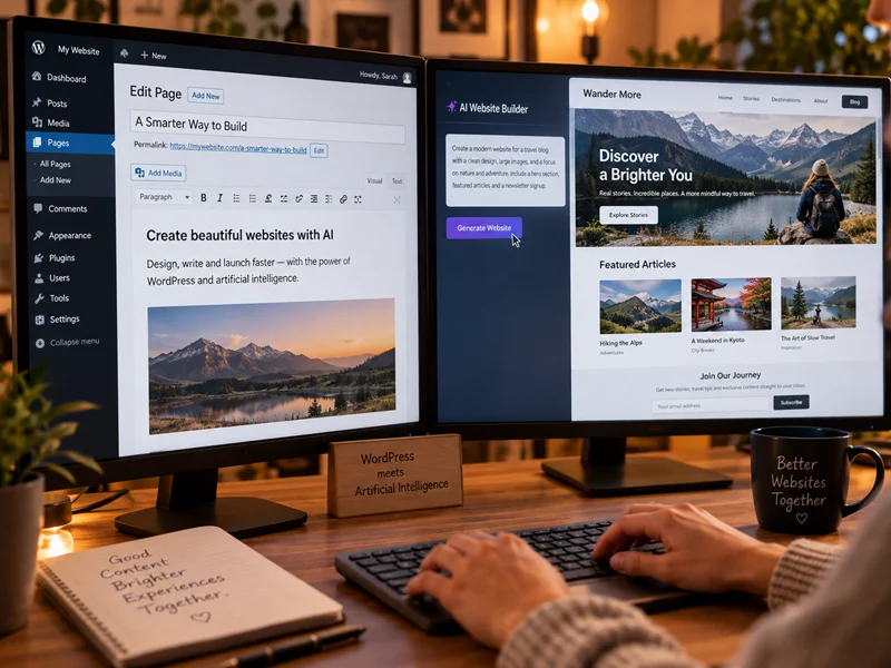 WordPress Oberfläche neben einem KI Assistenten, der aus einer Texteingabe eine Website erstellt.