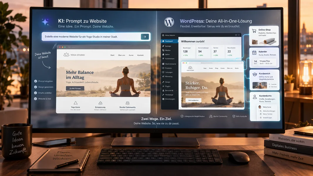 WordPress Oberfläche neben einem KI Assistenten, der aus einer Texteingabe eine Website erstellt.